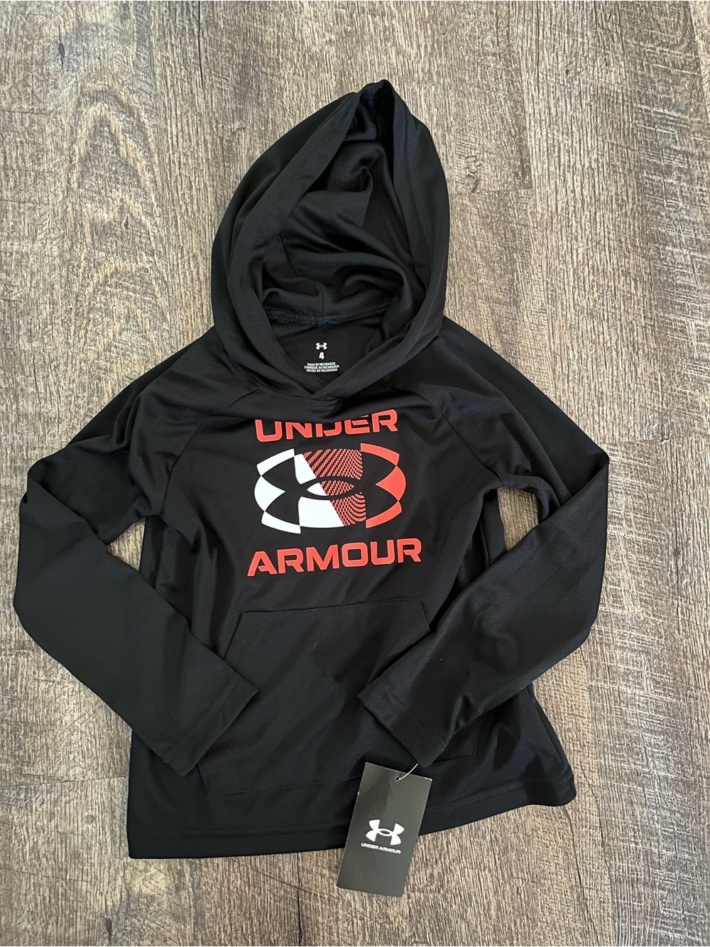 NWT boys 4T. Under Armour MFO Velocity Black Hoodie with Red and White Logo